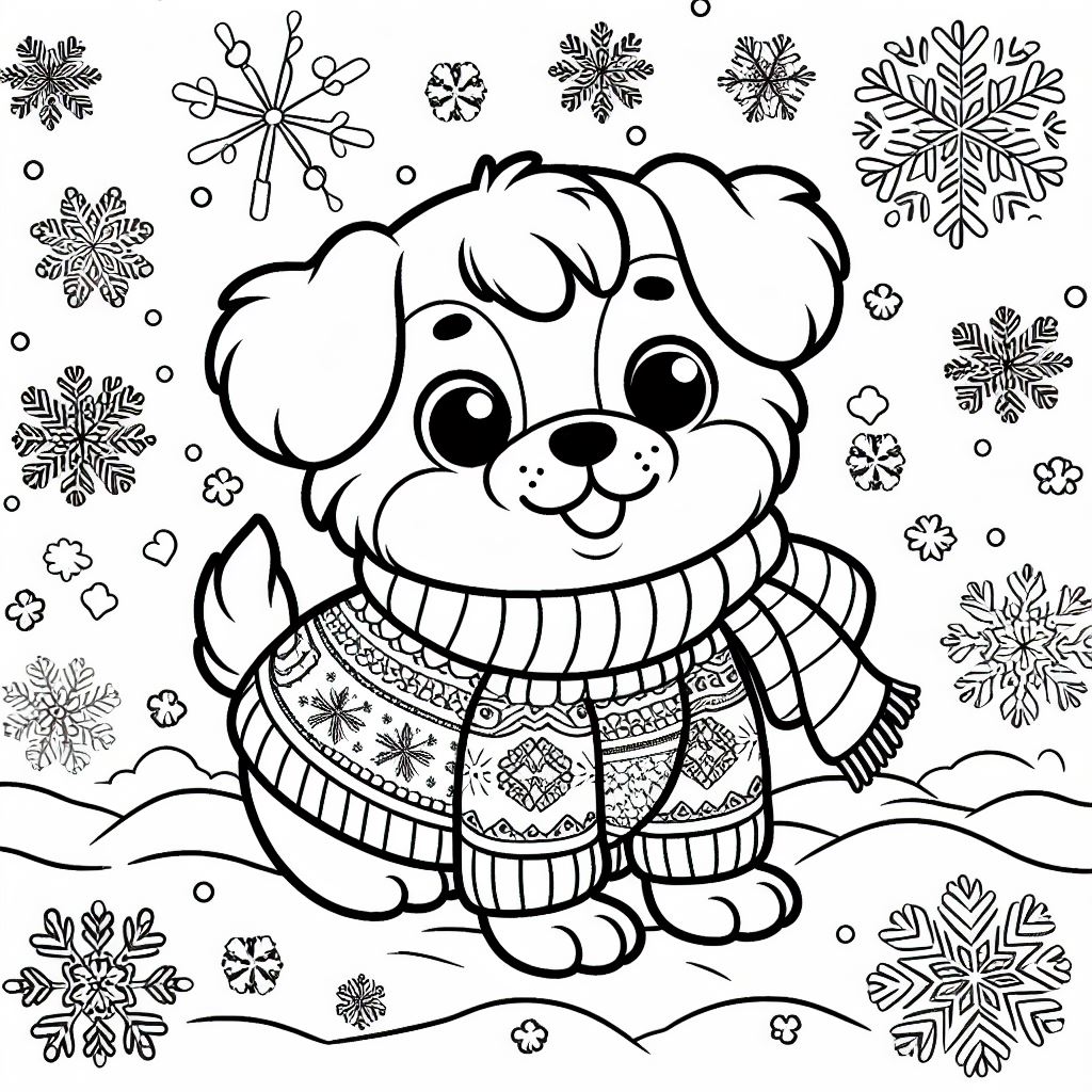 puppy kleurplaat – Een hond met een kersttrui en sneeuwvlokken eromheen – 1