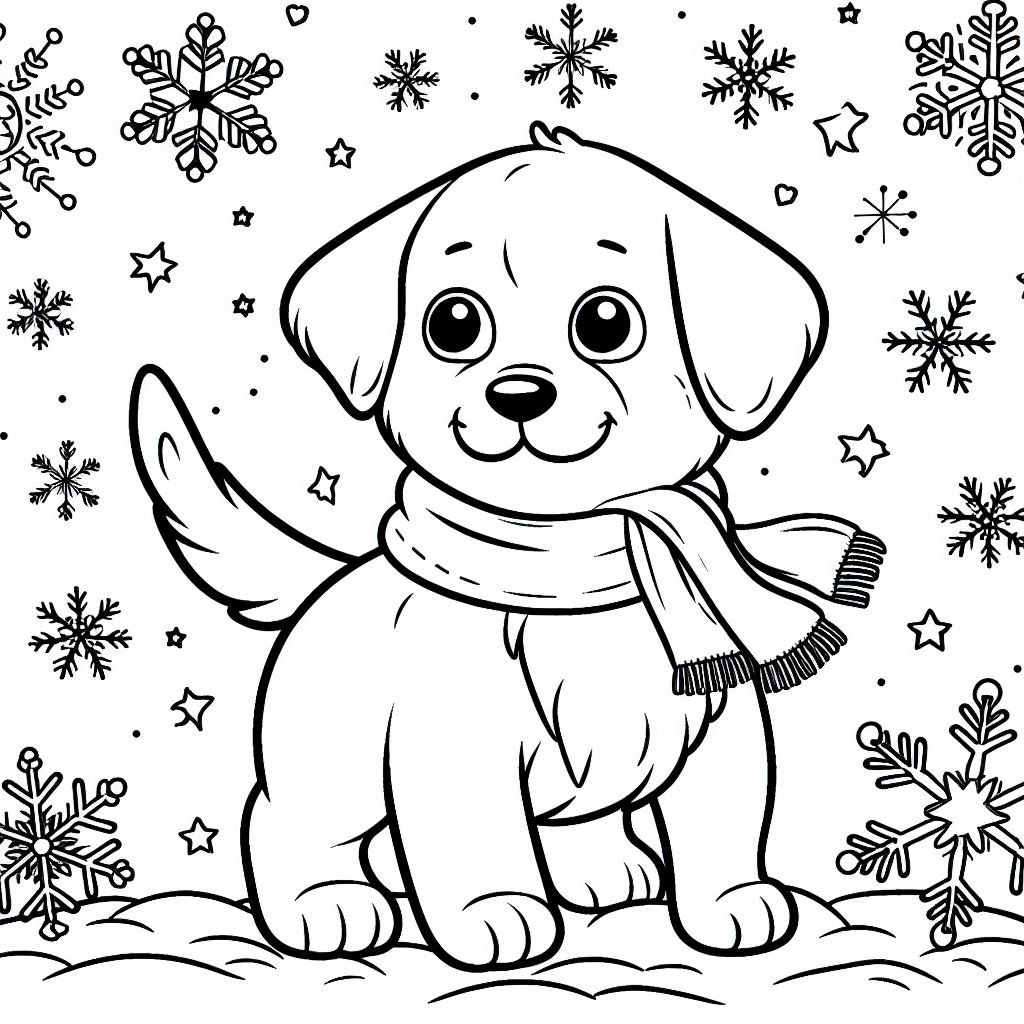 puppy kleurplaat – Een hond met sneeuwvlokken eromheen – 1