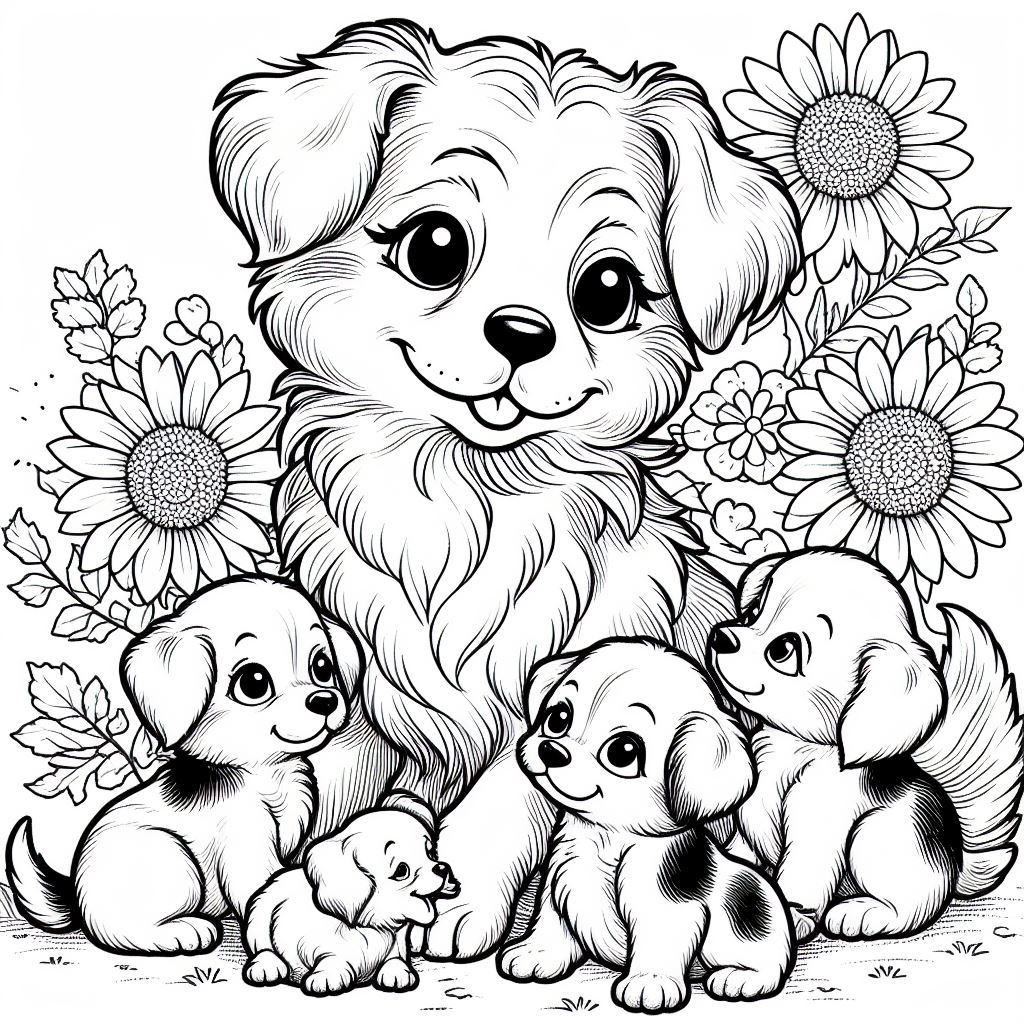 puppy kleurplaat – Een moederhond met haar kleine puppy’s – 1