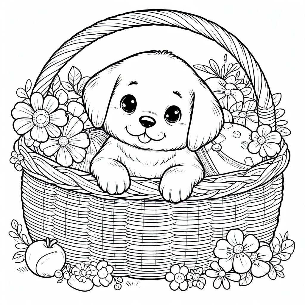 puppy kleurplaat – Een schattige puppy in een mand met bloemen – 1