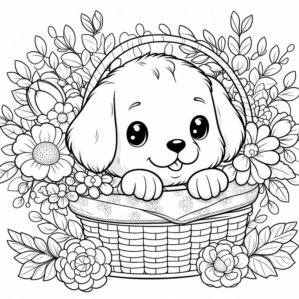 puppy kleurplaat – Een schattige puppy in een mand met bloemen – 2