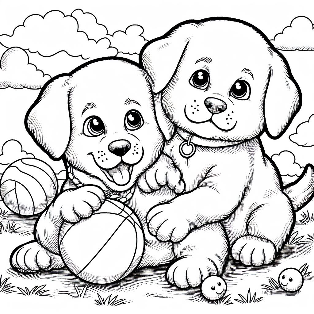 puppy kleurplaat – Twee puppy’s spelen met een bal – 2