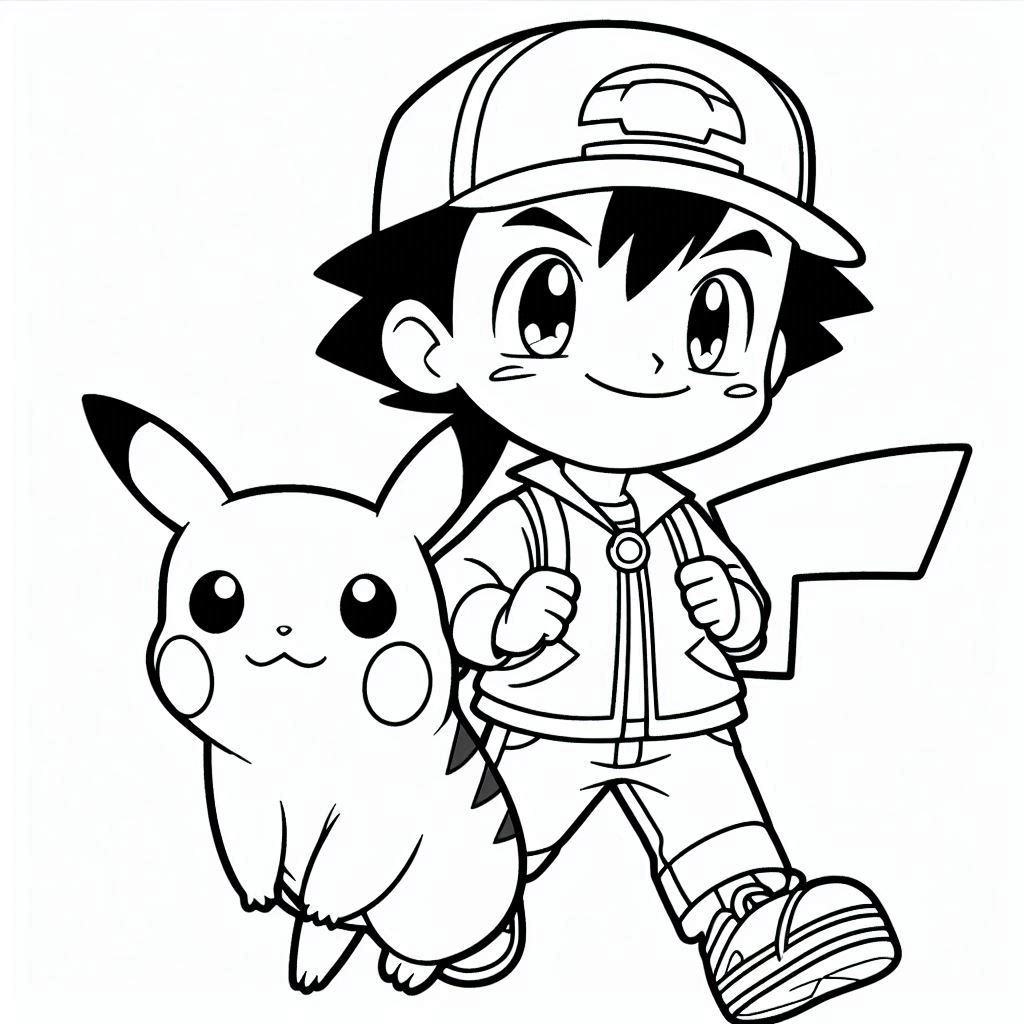 Ash Ketchum en Pikachu kleurplaat printen