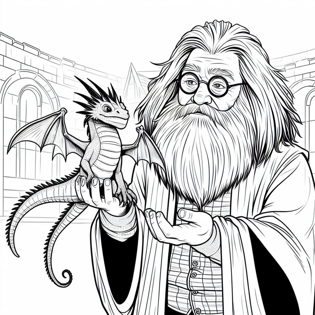 Hagrid en Norbert de draak kleurplaat