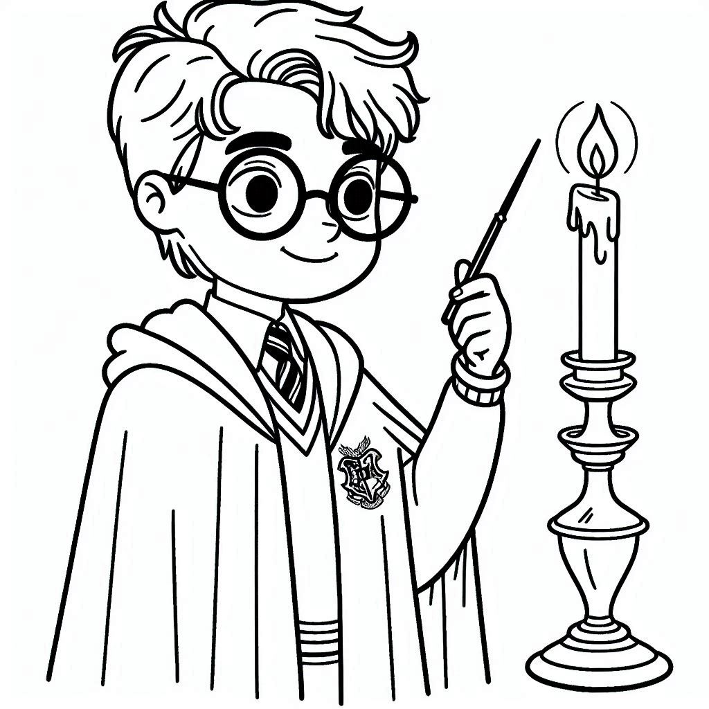 Halaman mewarnai Harry Potter 27 Harry Potter memakai kacamata dan halaman mewarnai jubah