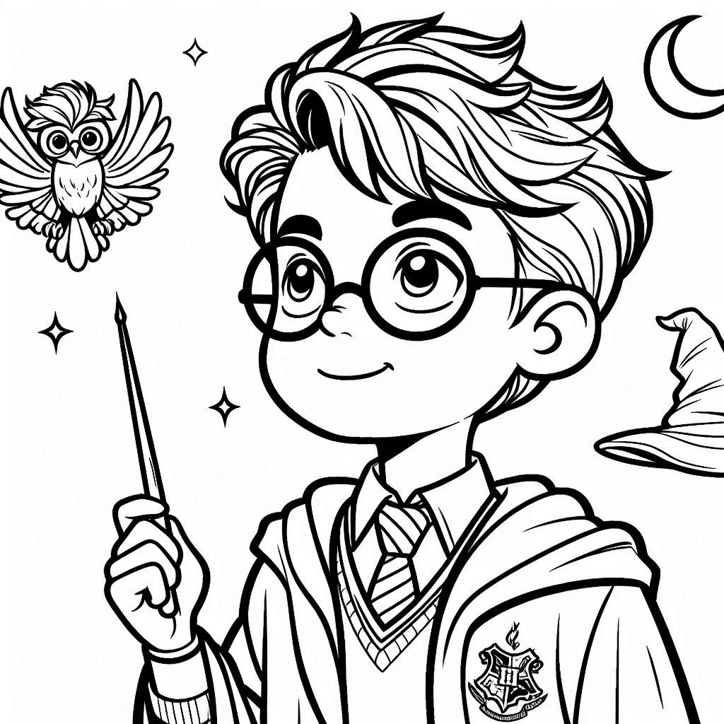 Harry Potter draagt ​​een bril en een mantel kleurplaat printen