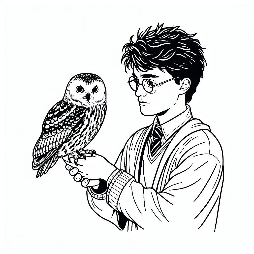 Harry Potter en Hedwig kleurplaat printen