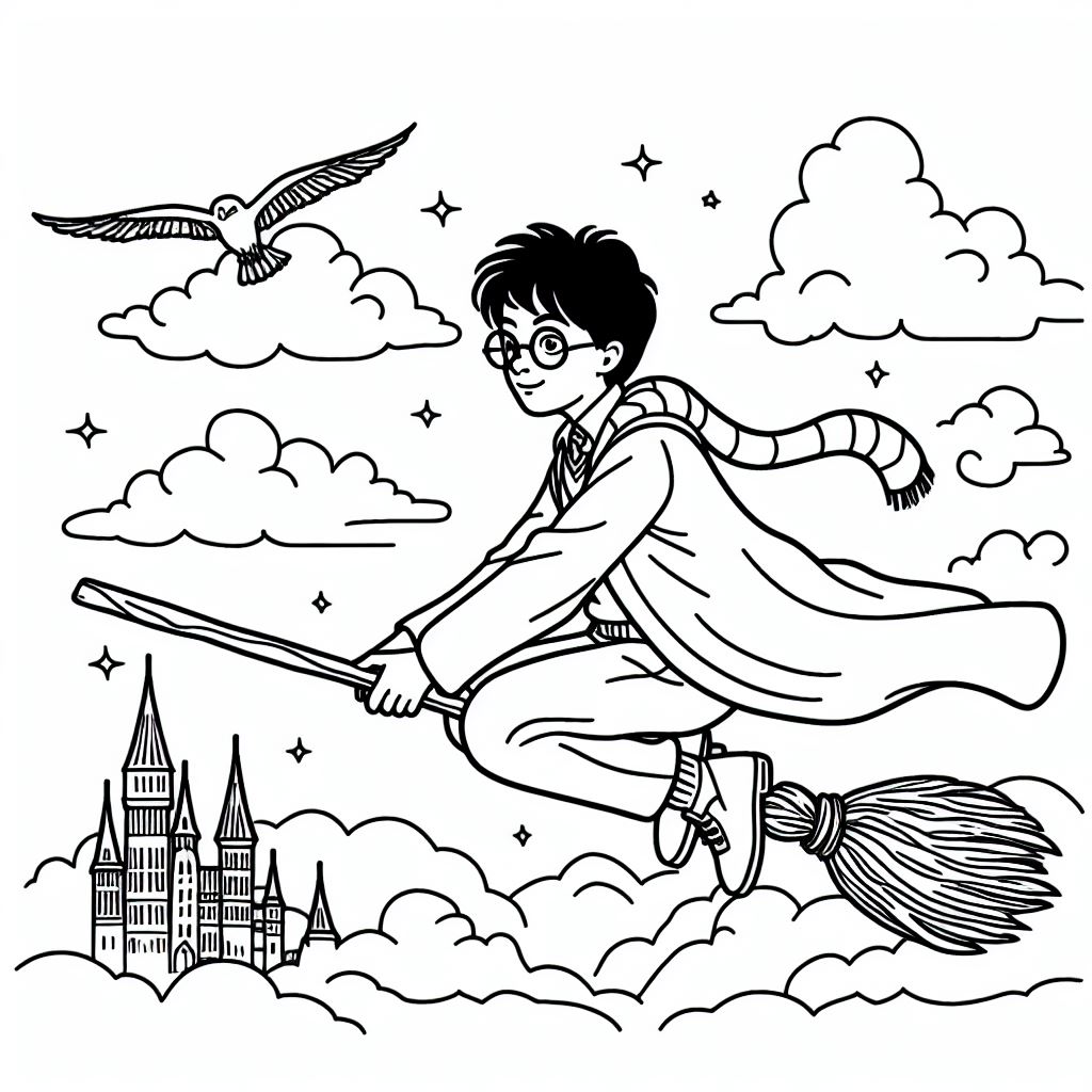 Harry Potter vliegt op een bezemsteel kleurplaat