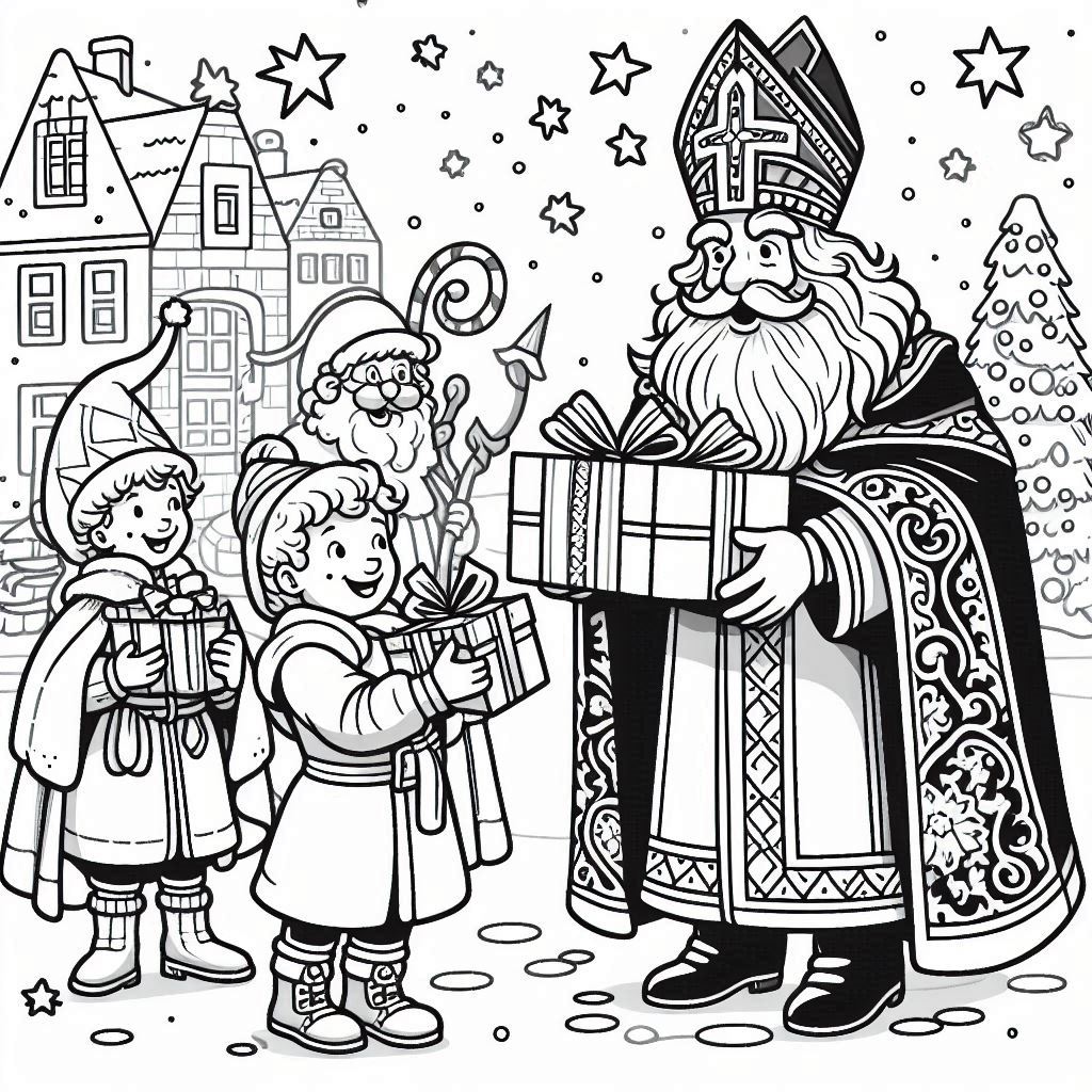 Sinterklaas and Piet handing out gifts makkelijke tekeningen