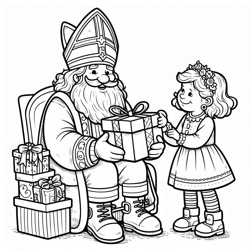 Sinterklaas en Piet delen cadeautjes uit kleurplaat