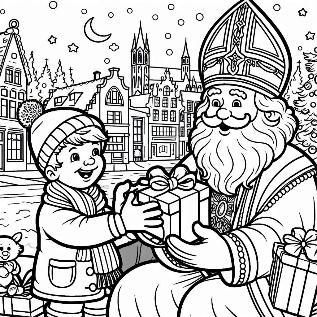 Sinterklaas en Piet delen cadeautjes uit tekening