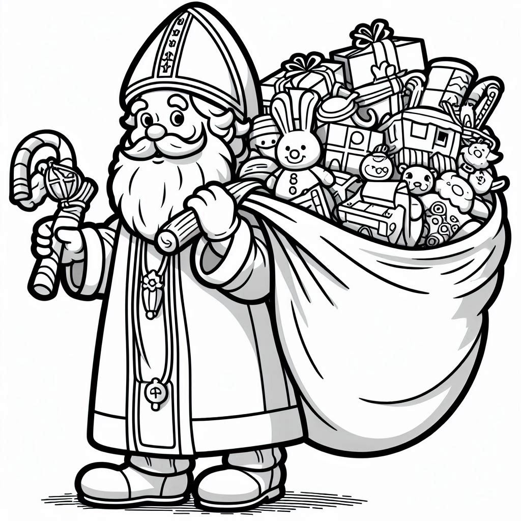 Sinterklaas met een zakje speelgoed kleurplaat printen