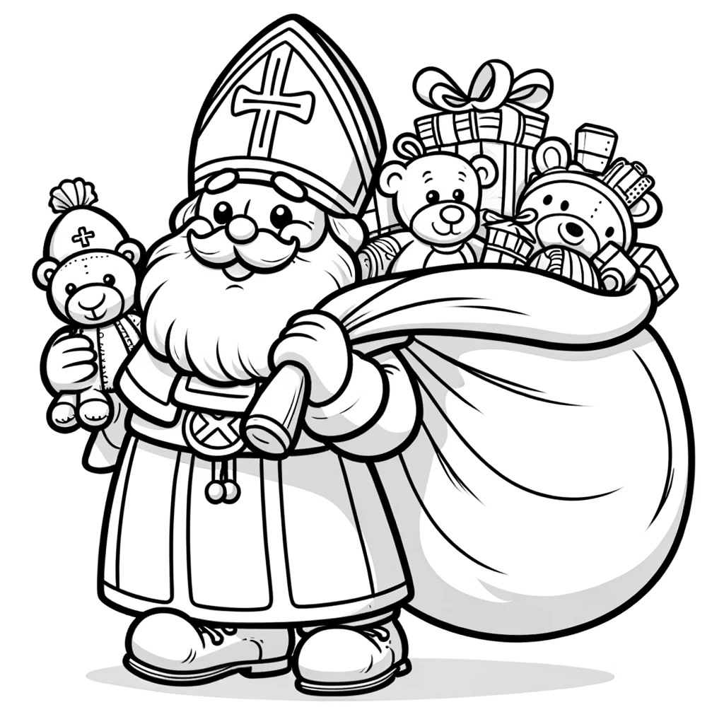 Sinterklaas met een zakje speelgoed tekening