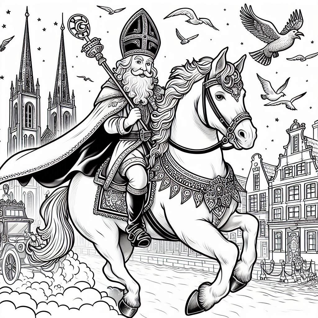 Sinterklaas op zijn paard Amerigo kleurplaat printen