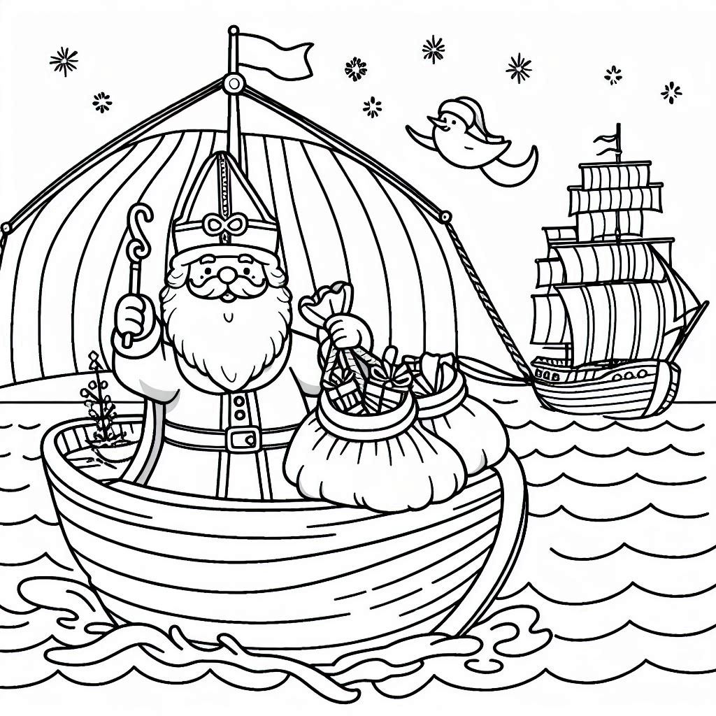 Sinterklaas varend op een boot kleurplaat