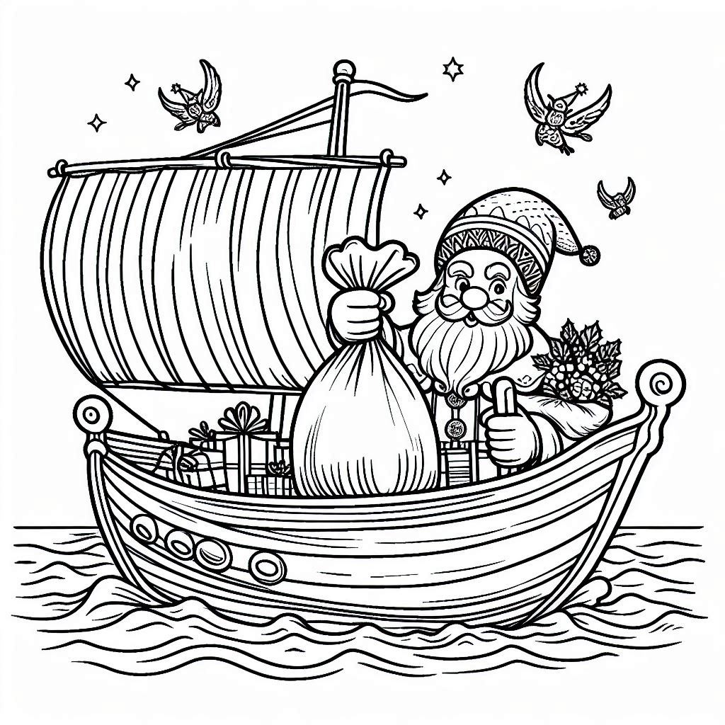 Sinterklaas varend op een boot tekening