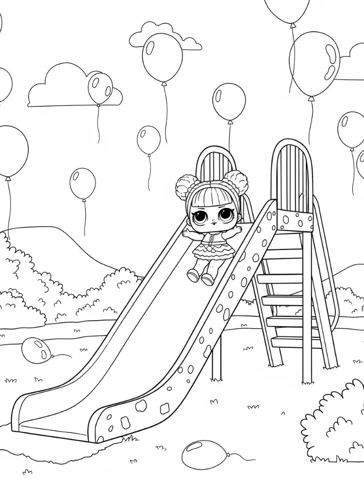 LOL Surprise kleurplaat 9 glijbaanfeest met ballonnen kleurplaat