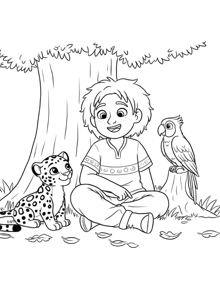 Encanto kleurplaat 8 jongen antonio met dieren onder boom kleurplaat