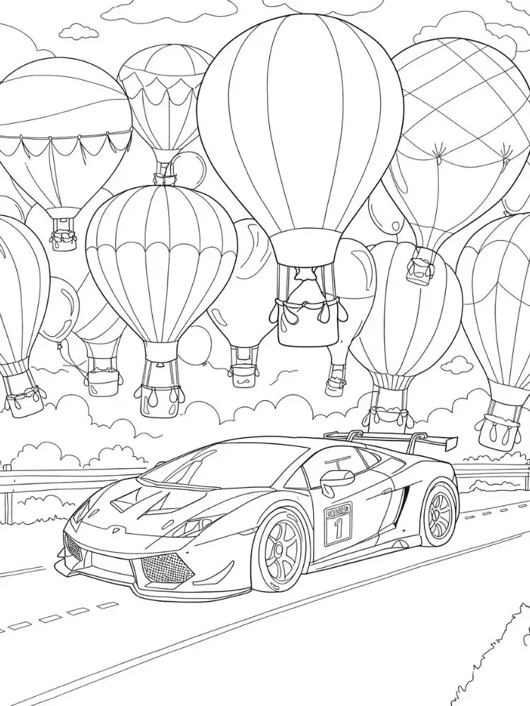 Lamborghini kleurplaat 9 raceauto tussen de luchtballonnen kleurplaat