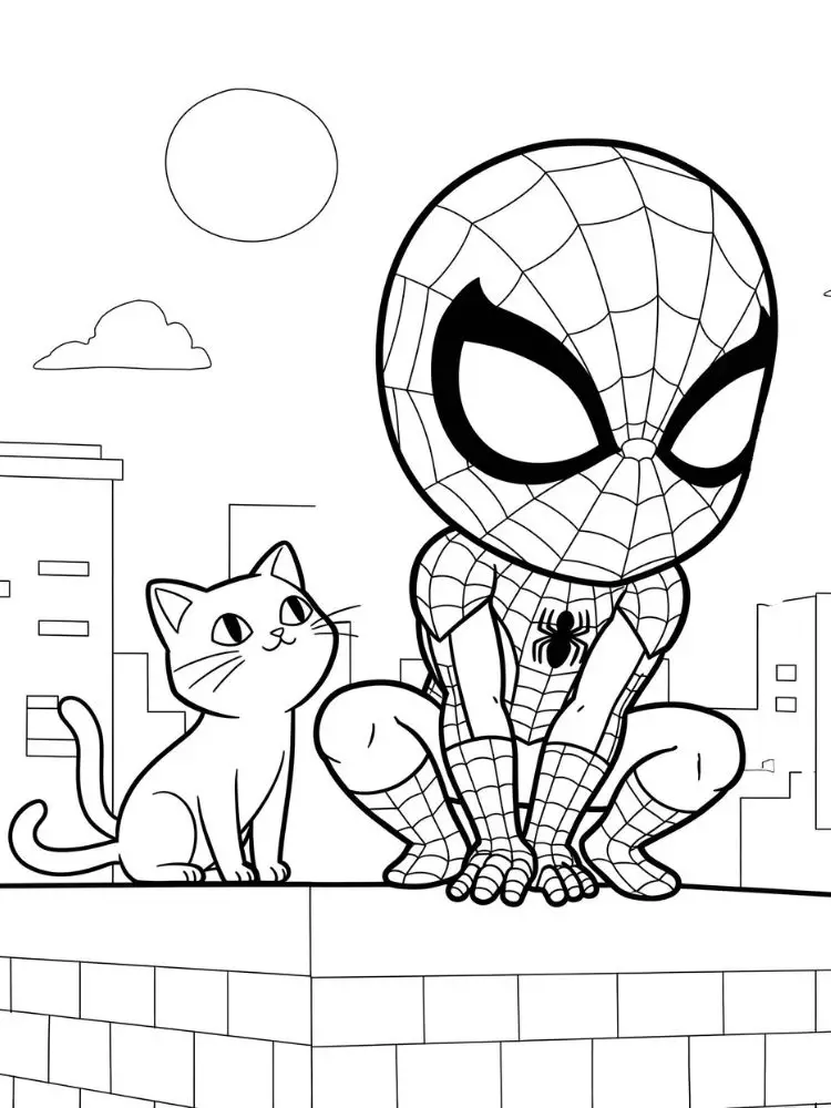Spiderman kleurplaat 8 spiderman en kat op het dak kleurplaat