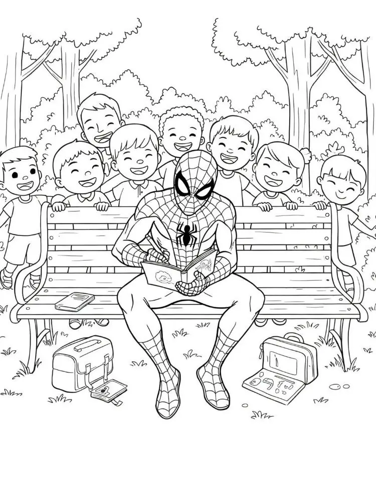 Spiderman kleurplaat 10 spiderman leest voor in het park kleurplaat