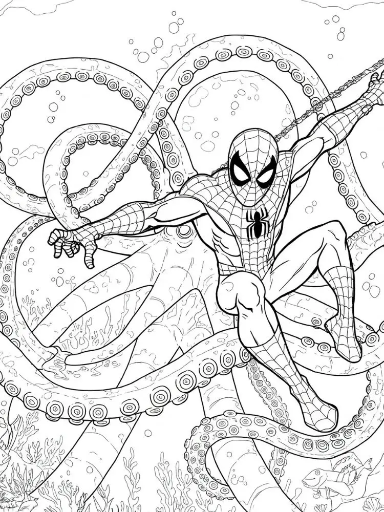 Spiderman kleurplaat 9 spiderman vecht met reuzeninktvis kleurplaat