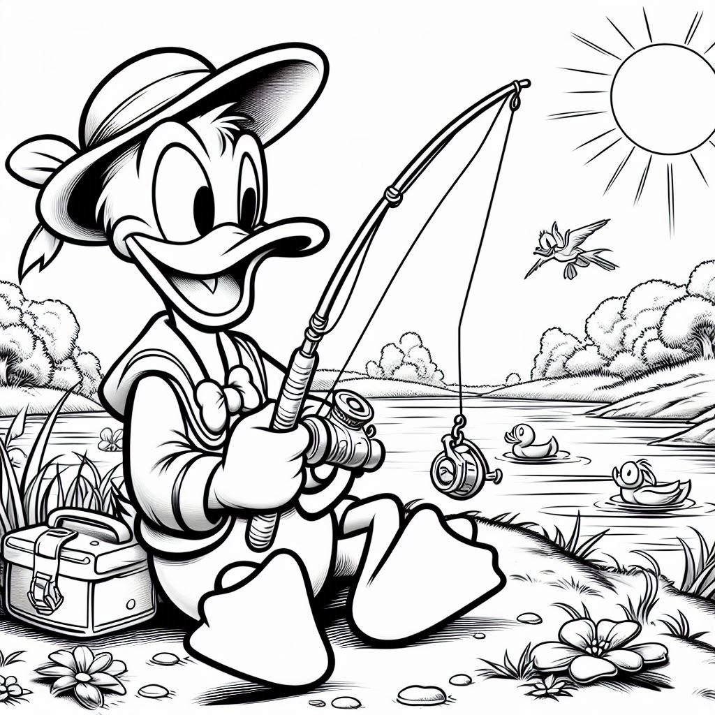 Donald Duck gaat vissen tekening