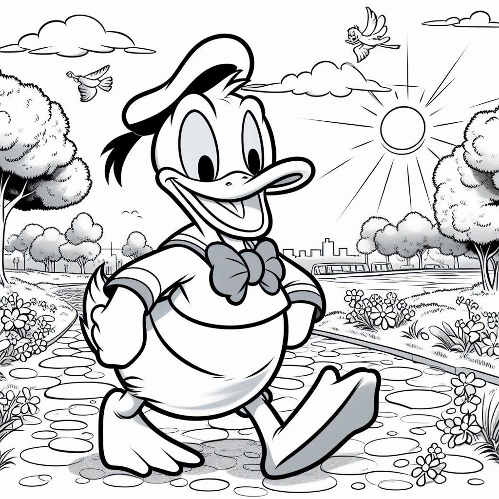 Donald Duck loopt in het park kleurplaat download