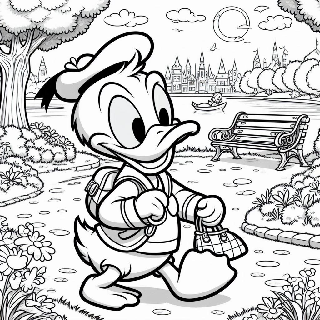 Donald Duck loopt in het park kleurplaat tekening