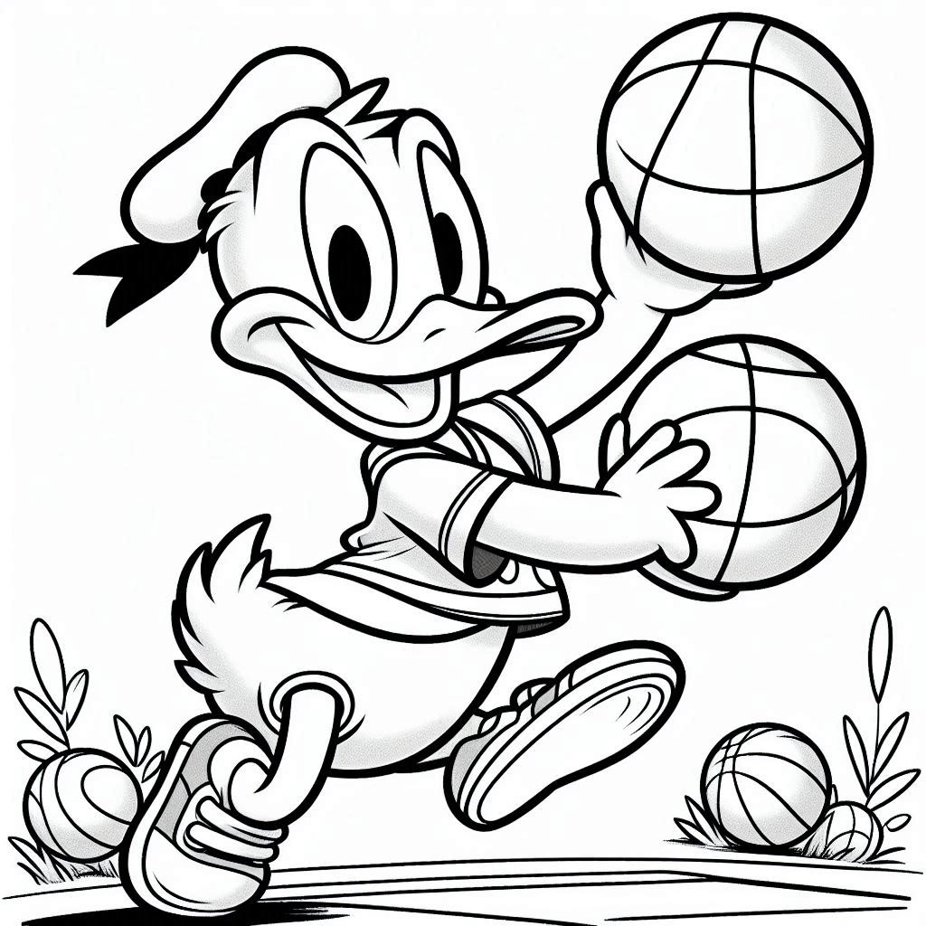 Donald Duck speelt basketbal kleurplaat online