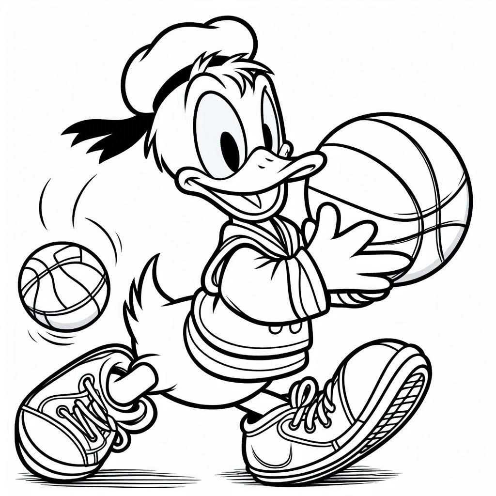 Donald Duck speelt basketbal kleurplaat print