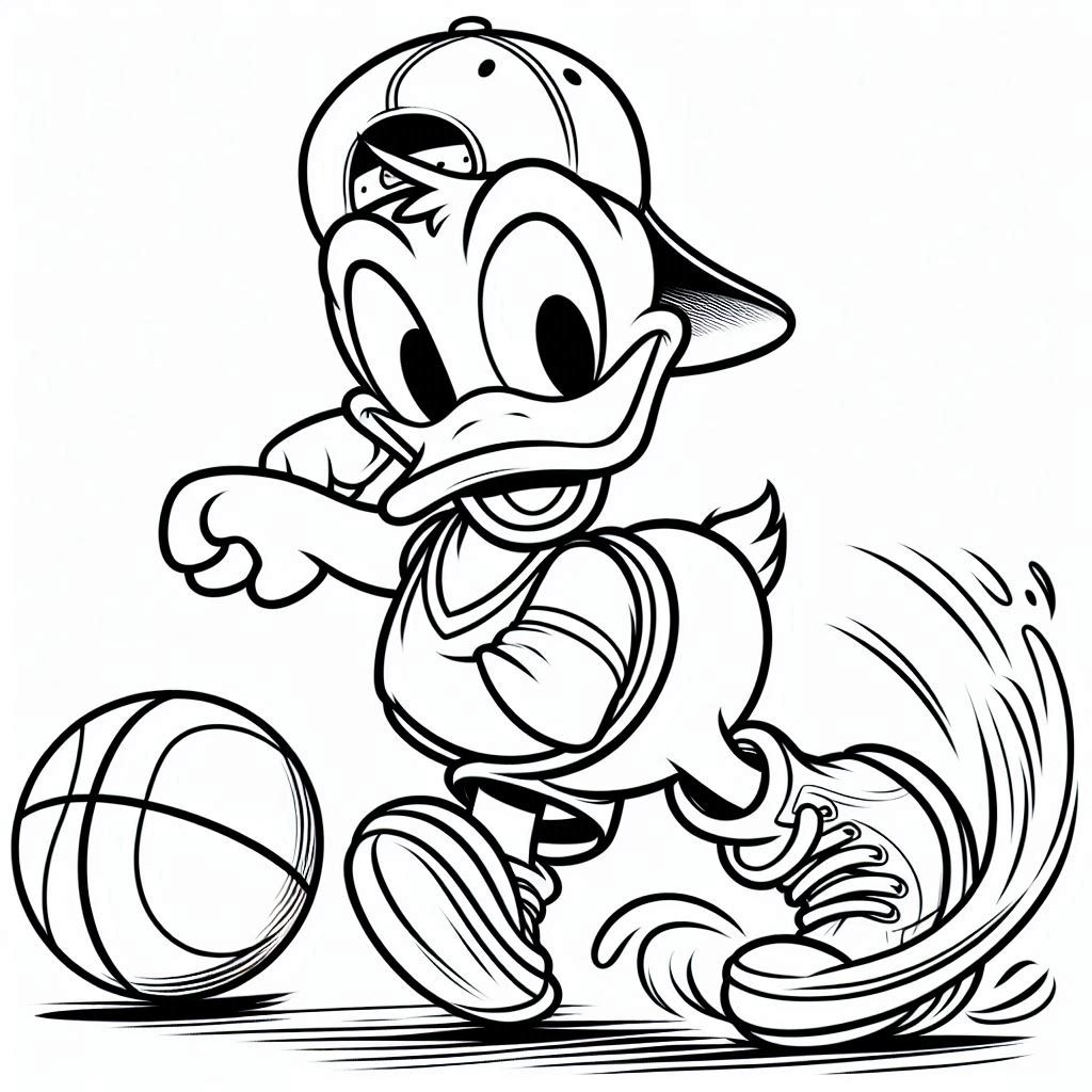 Donald Duck speelt basketbal kleurplaat voor kinderen