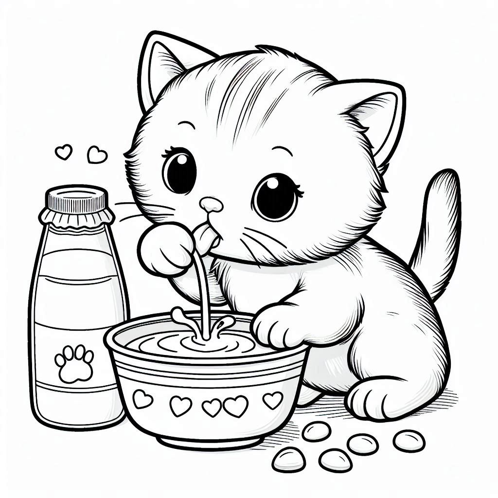 Kitten drinkt melk kleurplaat online