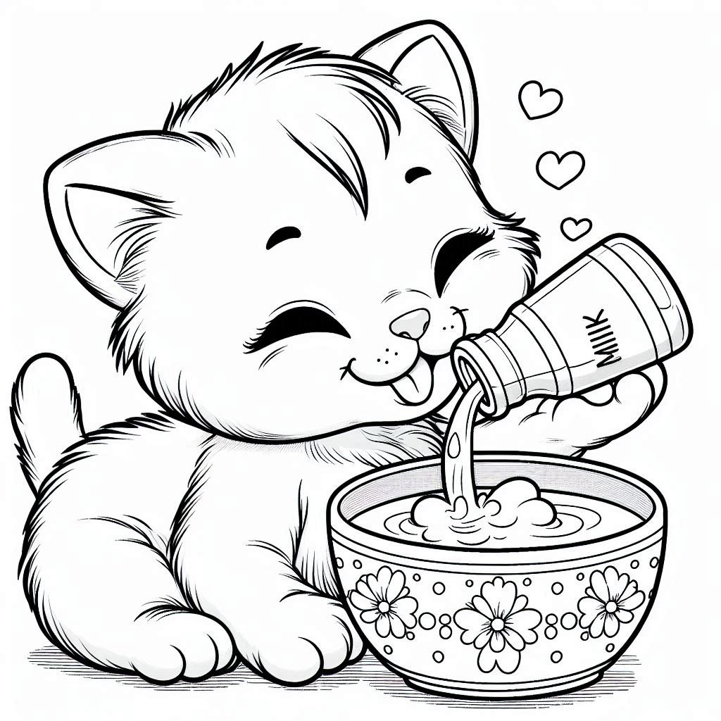 Kitten drinkt melk tekening