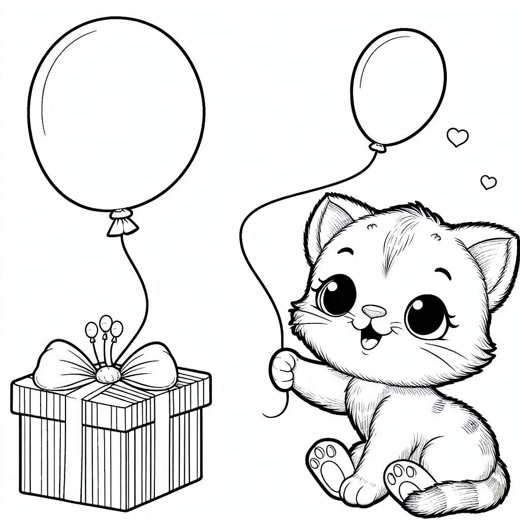 Kittens en ballonnen kleurplaat online