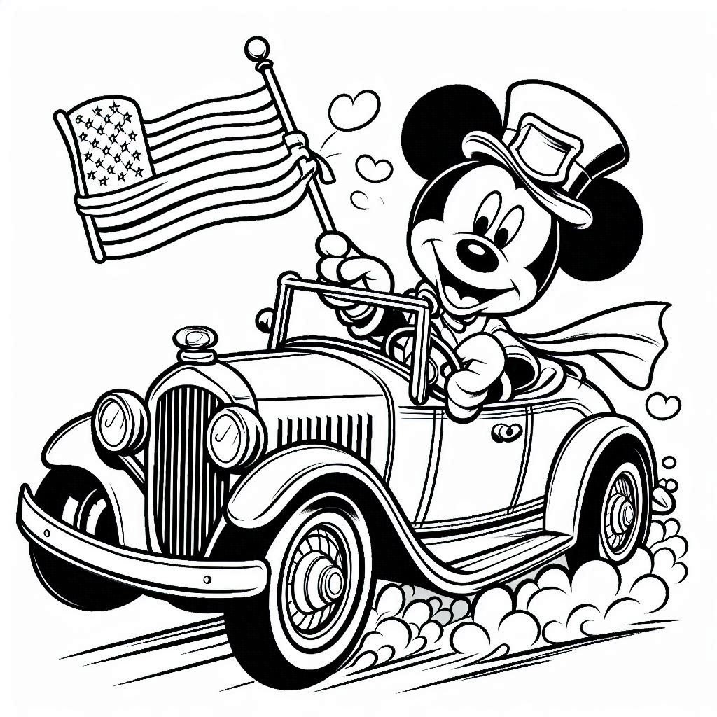 Mickey Mouse bestuurt een klassieke auto kleurplaat download