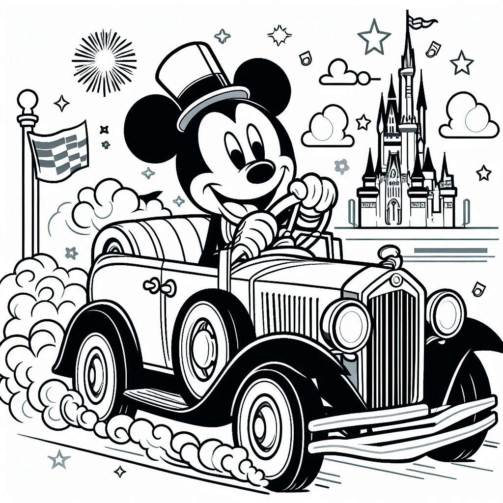 Mickey Mouse bestuurt een klassieke auto kleurplaat gratis