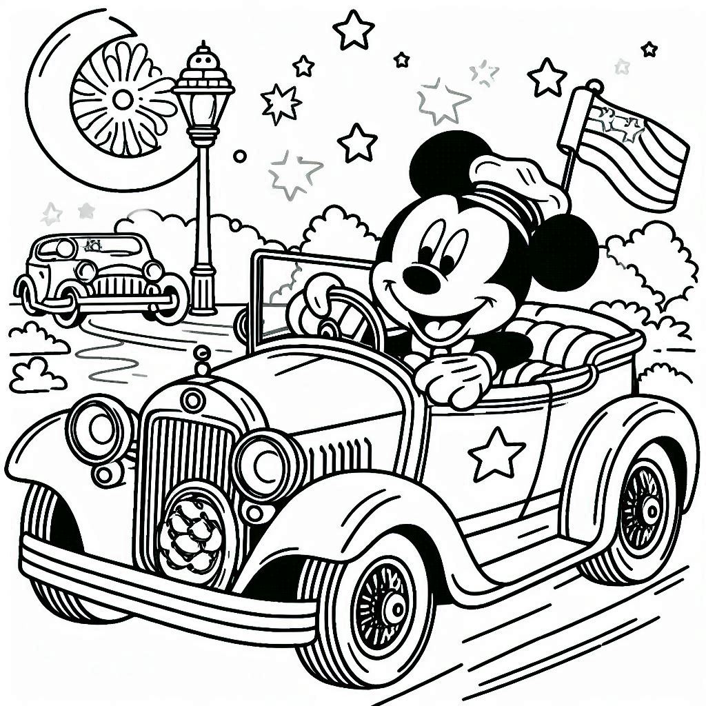 Mickey Mouse bestuurt een klassieke auto kleurplaat tekening