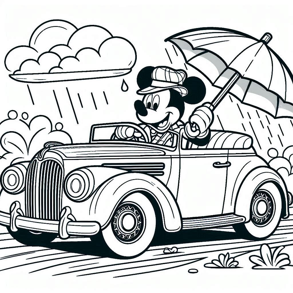 Mickey Mouse bestuurt een klassieke auto kleurplaat voor kinderen