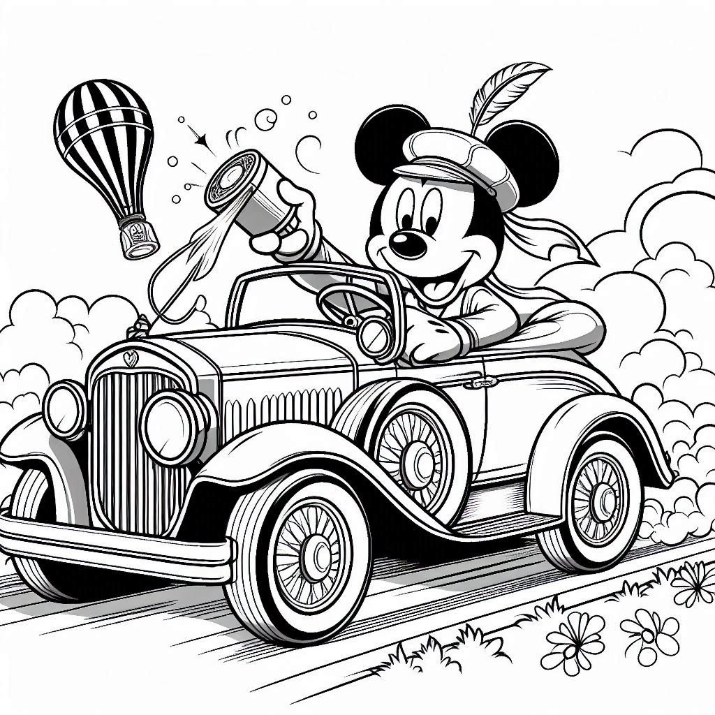 Mickey Mouse bestuurt een klassieke auto kleurplaten gratis