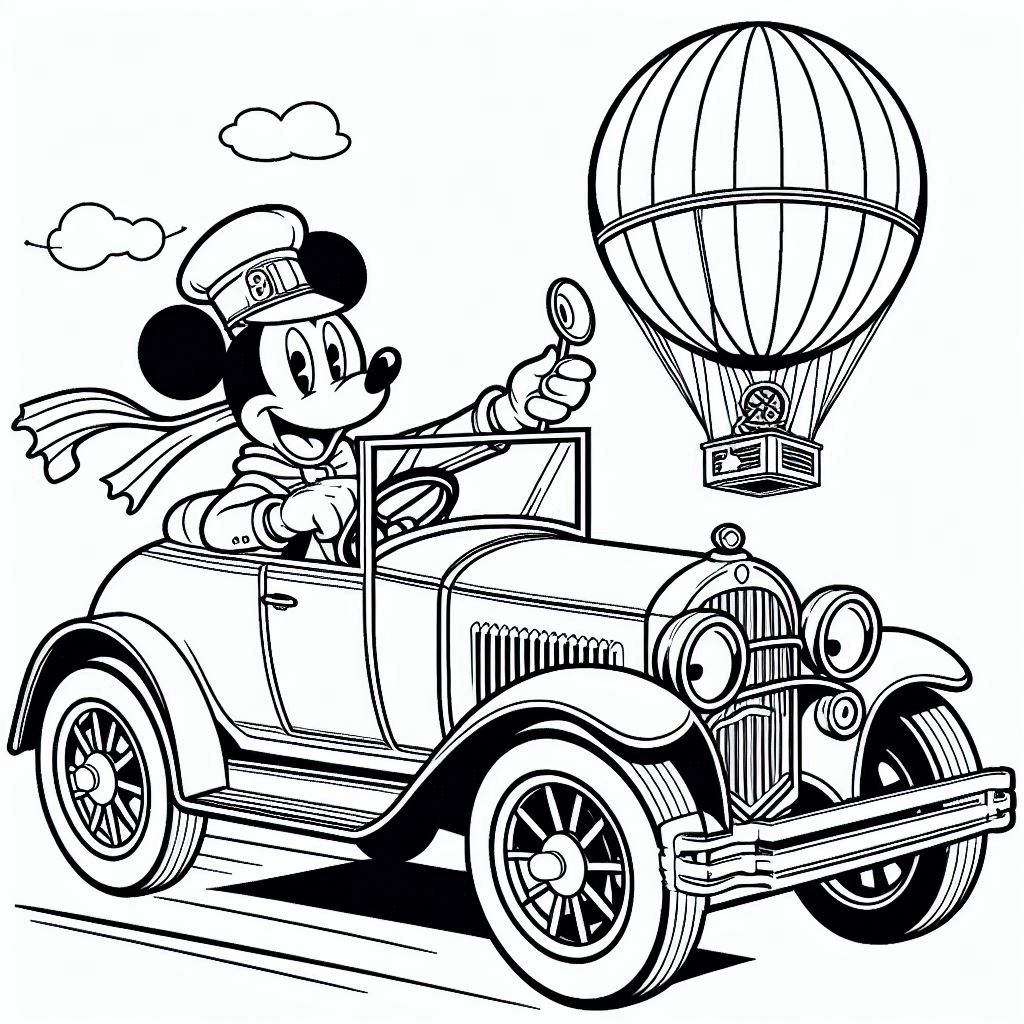 Mickey Mouse bestuurt een klassieke auto kleurplaten printen