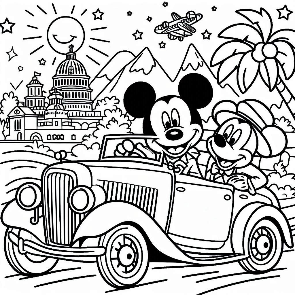 Mickey Mouse bestuurt een klassieke auto kleurplaten