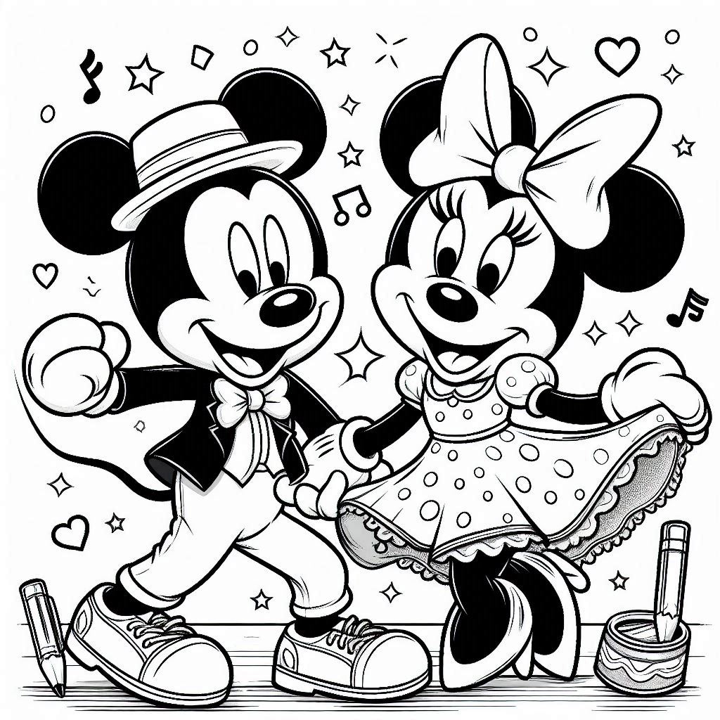 Mickey Mouse danst met Minnie Mouse kleurplaat gratis