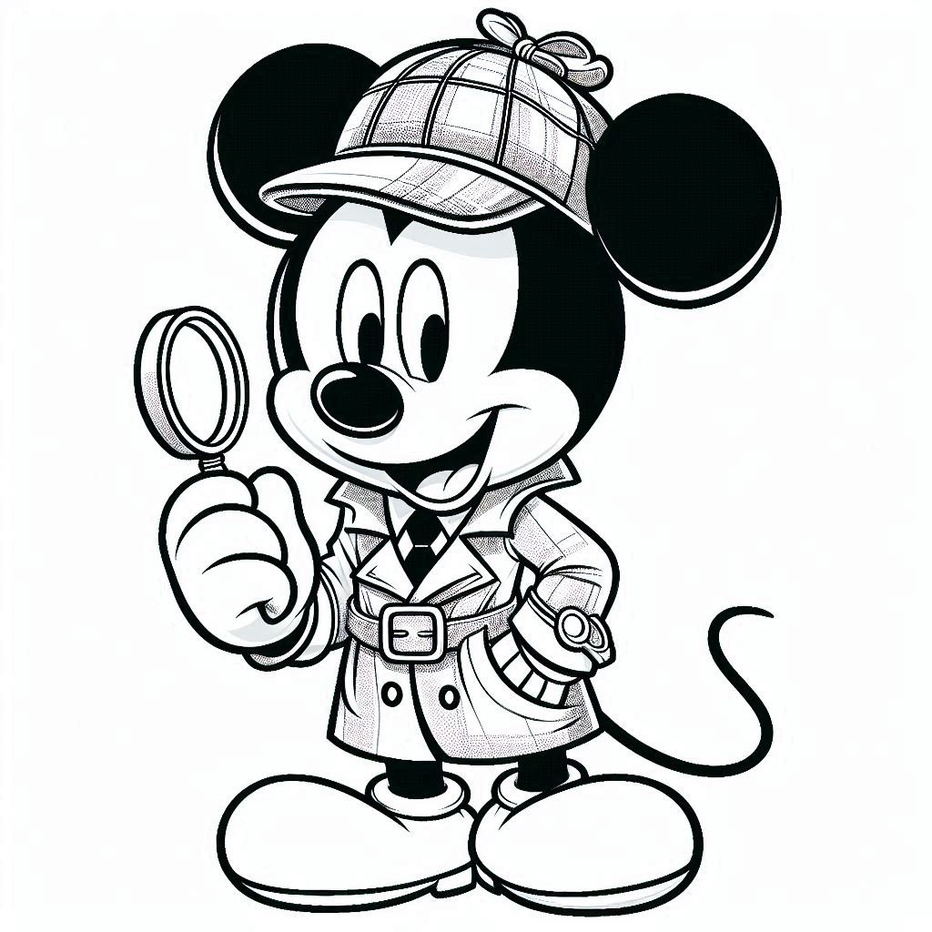 Mickey Mouse in detectivekostuum kleurplaat printen