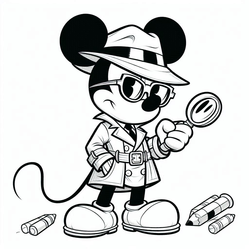 Mickey Mouse in detectivekostuum kleurplaat voor kinderen