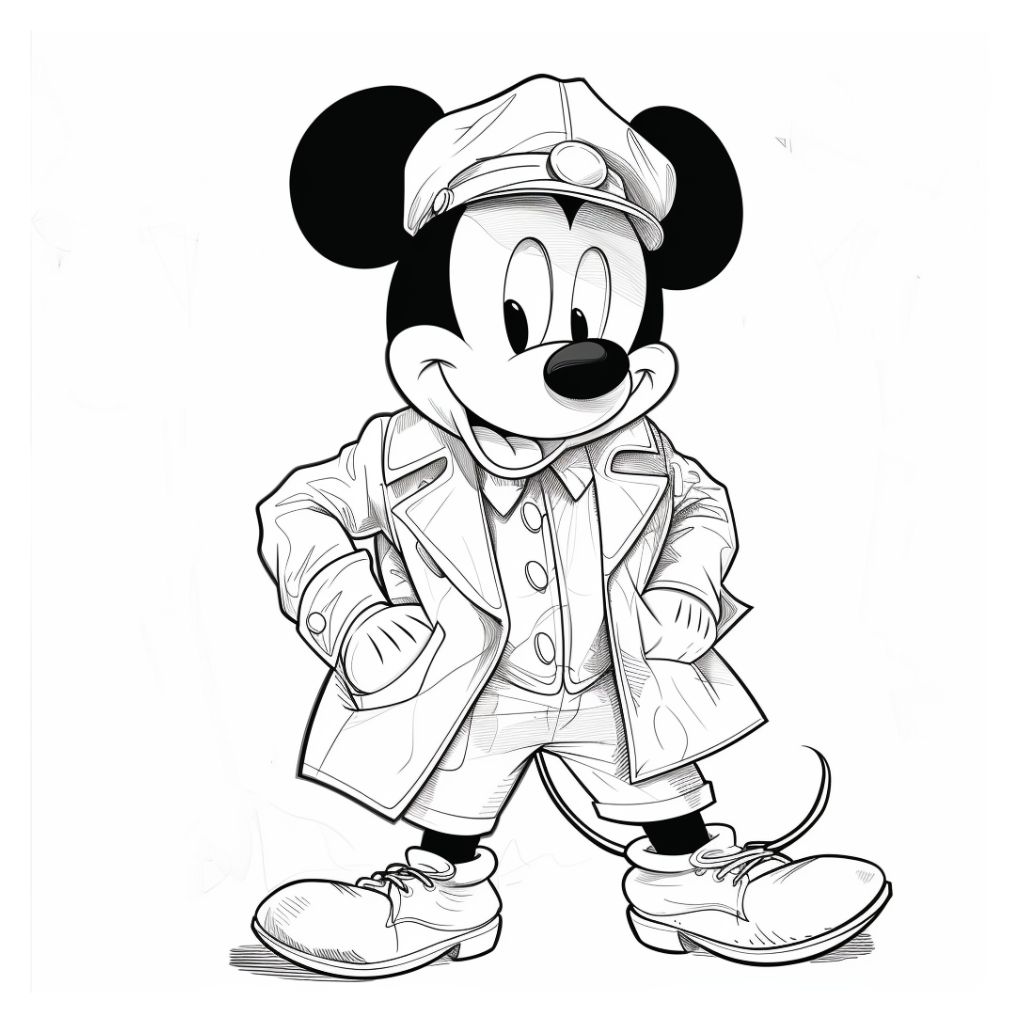 Mickey Mouse in detectivekostuum kleurplaat voor kinderen 1