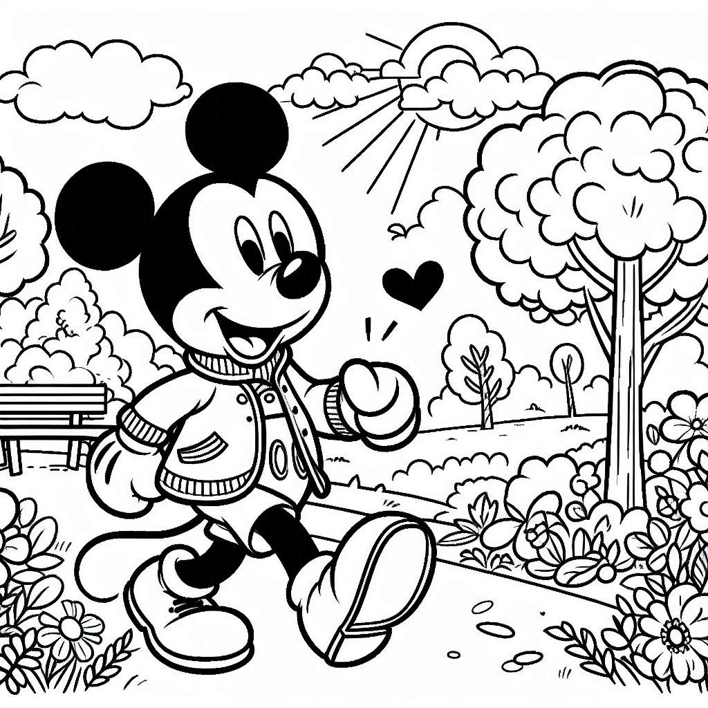 Mickey Mouse loopt door het park kleurplaat download