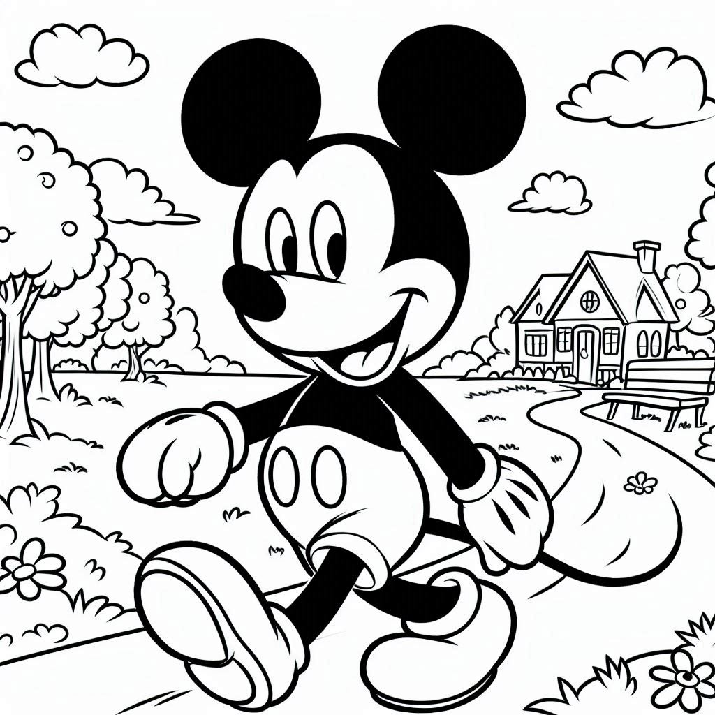 Mickey Mouse loopt door het park kleurplaat printen