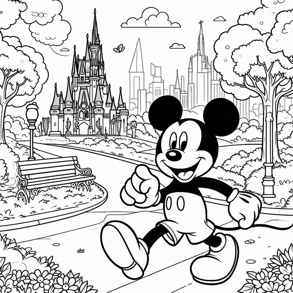 Mickey Mouse loopt door het park kleurplaat