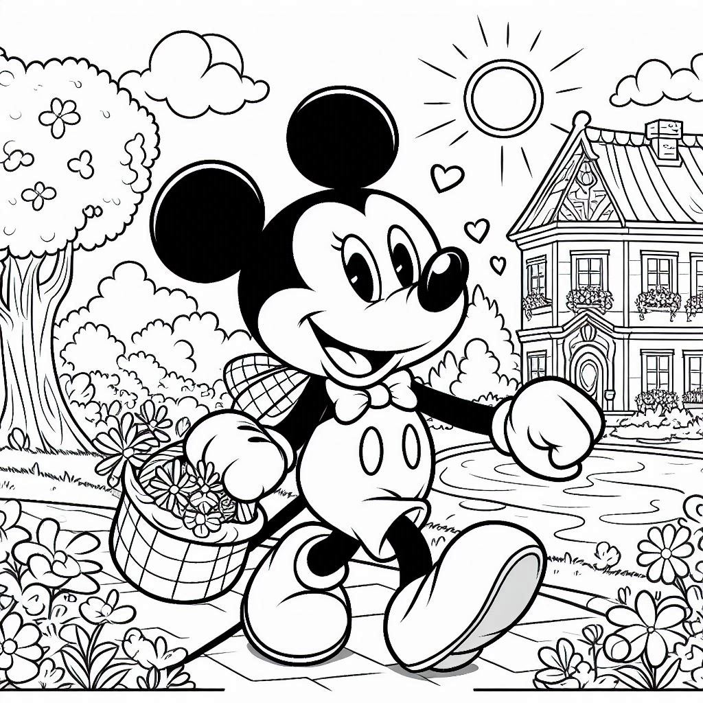 Mickey Mouse loopt door het park tekening